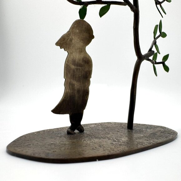 Metal Figurine Sculpture Of Girl With Flowers & Tree On Textured Base 5 Inches - Picture 10 of 13